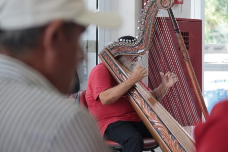 Harpista leva música e bem-estar à recepção do AME Pariquera-Açu